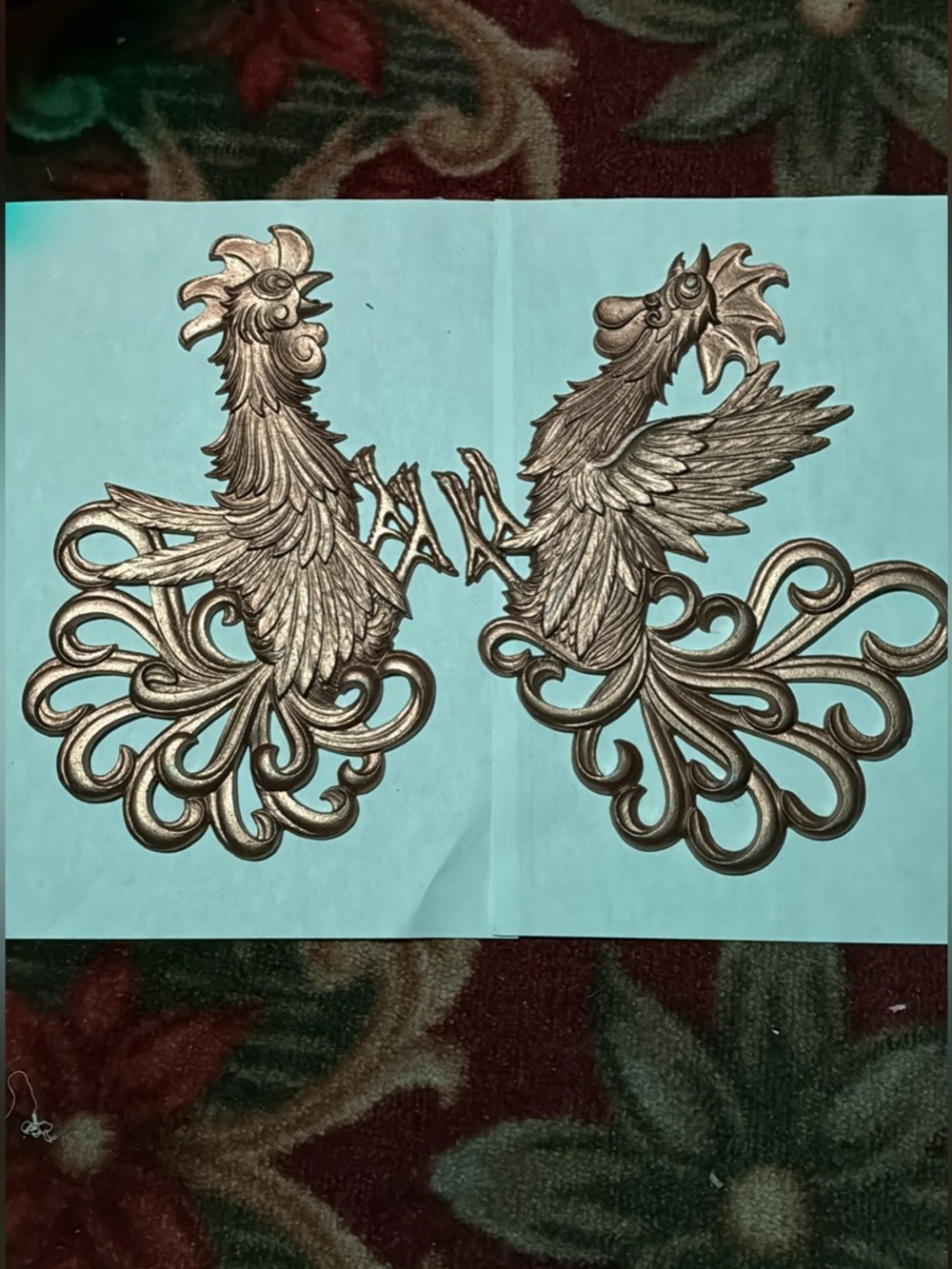 Vintage gold-painted aluminum or brass fighting rooster wall plaques